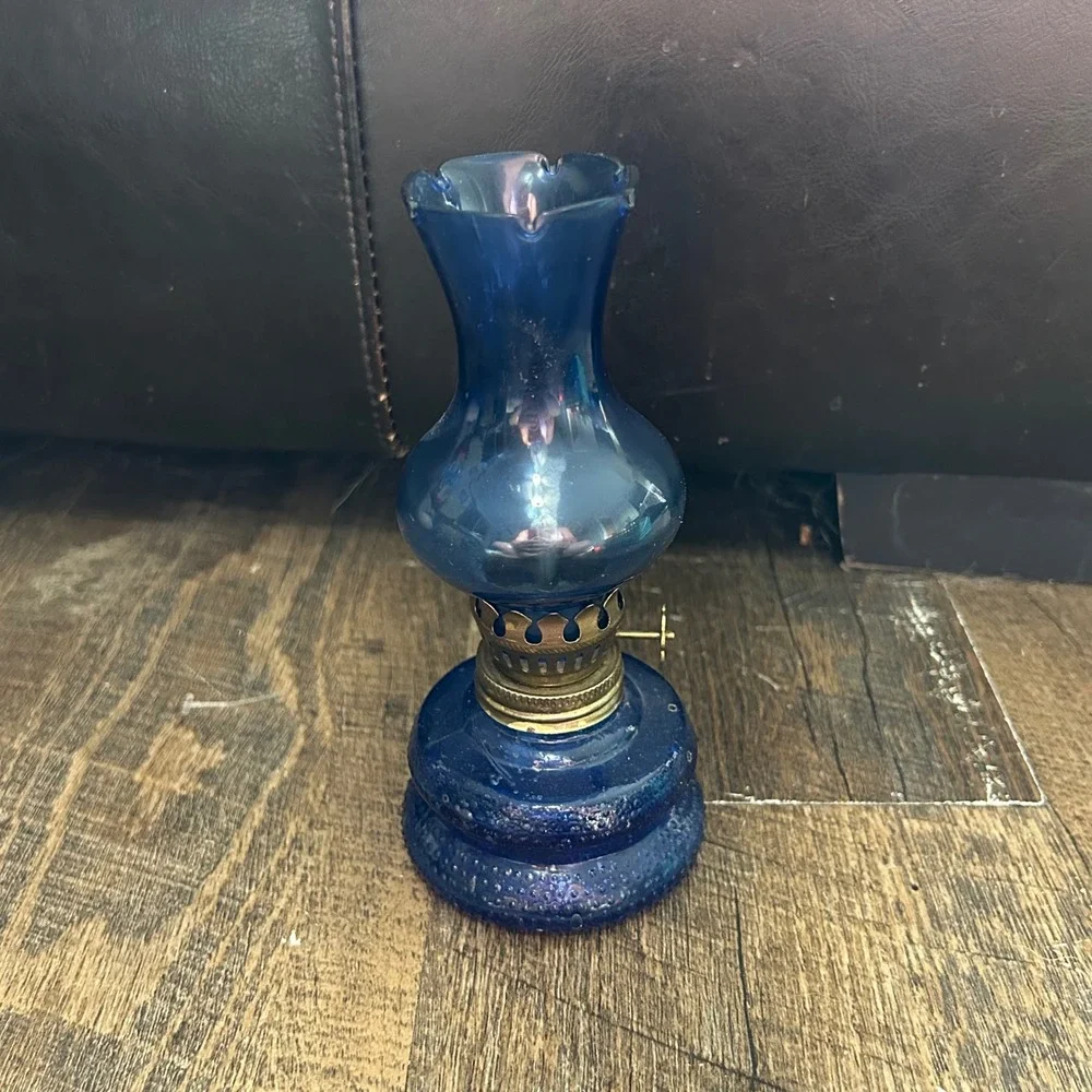 Vintage Cobalt Blue Glass Miniature Oil Lamp Hobnail Base Ruffled Chimney 6 inch
